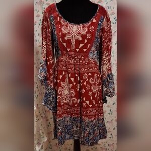 NWOT Flying Tomato Red & Blue Boho Peasant Casual Bell Sleeve Midi Dress SZ L